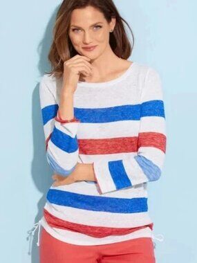 NWT Talbots XL Linen Blend 3/4 Sleeve Red White Blue Striped Top Nautical USA